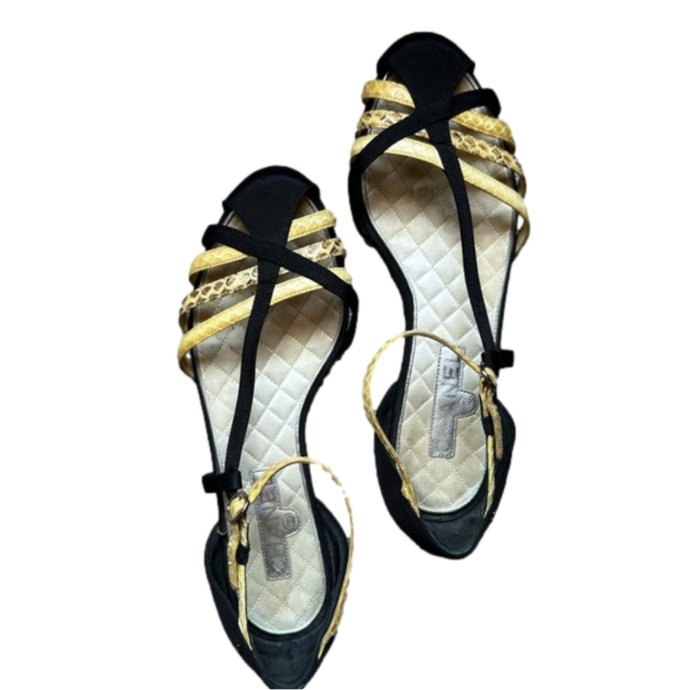 Rare CHANEL satin sandal flat - black and snake- 36 1/2C or 6 1/2 US - authentic